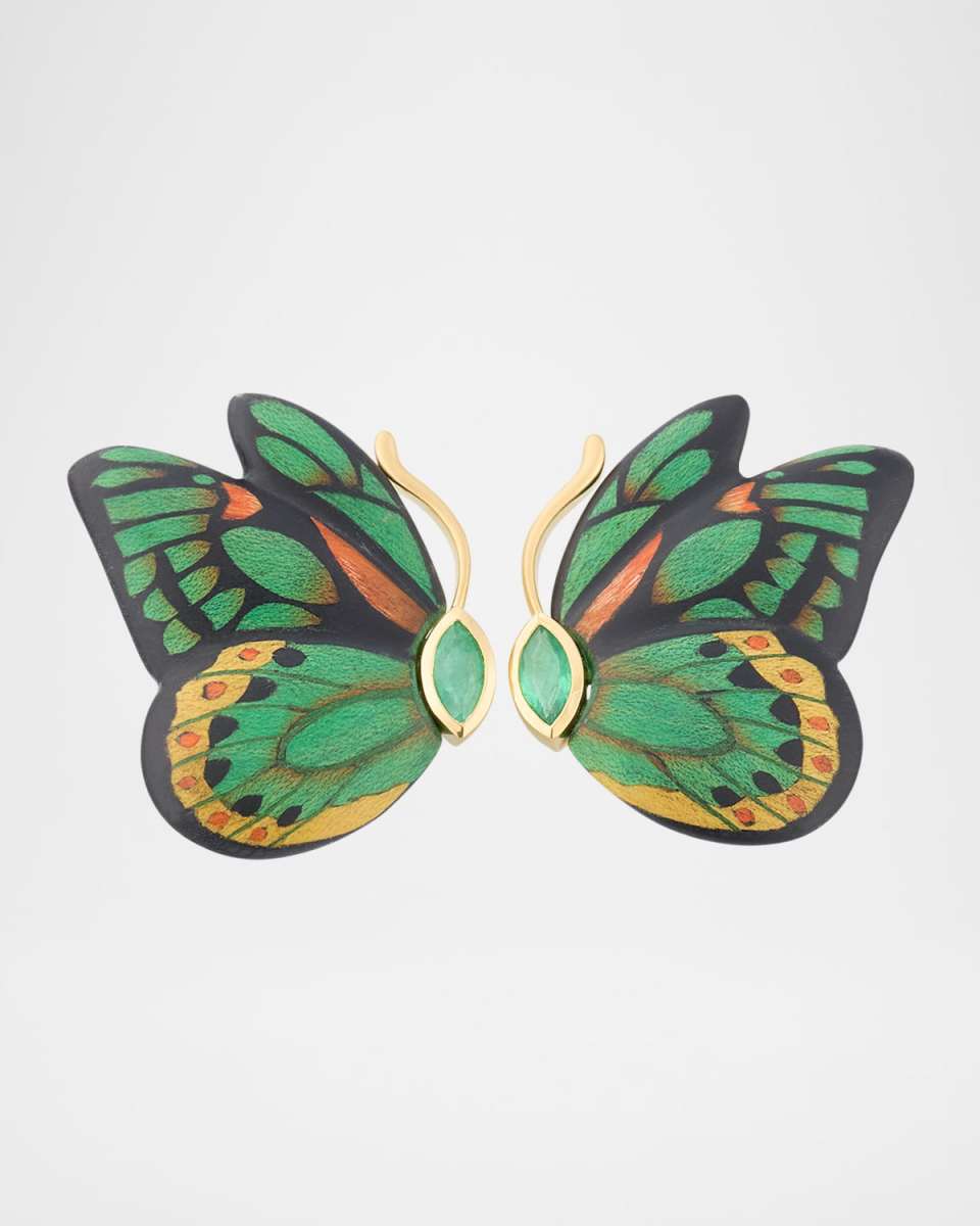 Double Butterfly Marquetry Earrings with Emeralds